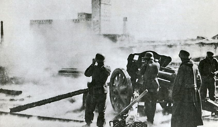 German artillery at Stalingrad in 1942. The Red Army counter-attacked with 'Operation Uranus,' in Nov. 1942, eventually surrounding the Nazi 6th Army which surrendered on Feb. 2, 1943.