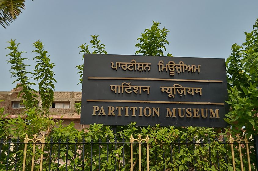 Amritsar, India: 2019 Sign board for the newly opened Partition Museum. Historic townhall building of the British era now converted into a Museum depicting the stores of 1947 partition India Pakistan