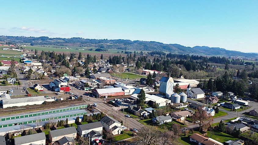 Aerial view of Amity, Oregon looking southeast