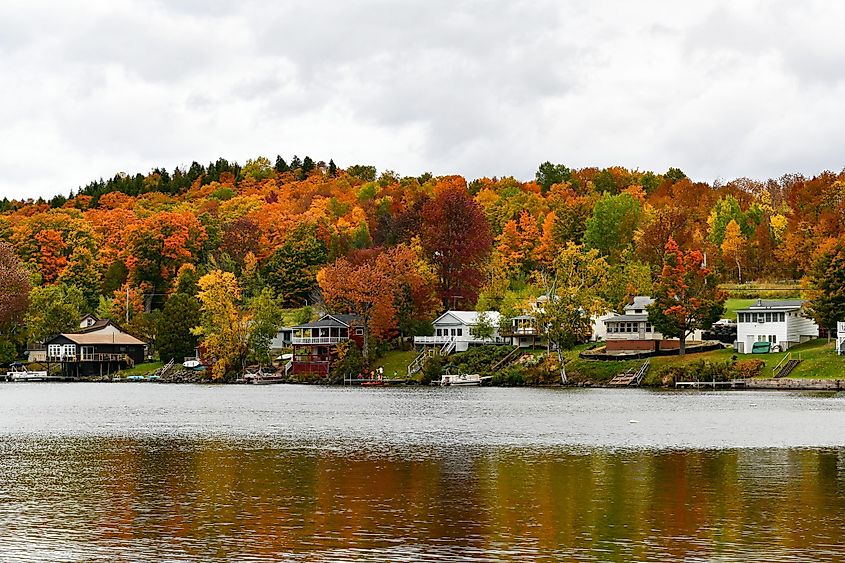 Lake Elmore State Part with beautiful autumn foliage and water reflections at Elmore, Vermont