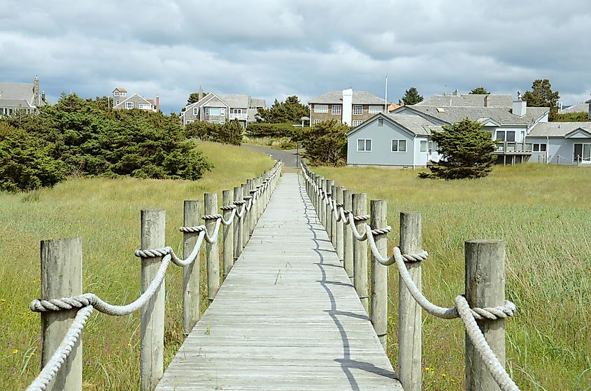 Boardwalk leading to the beach from residential homes in Gearhart, Oregon.