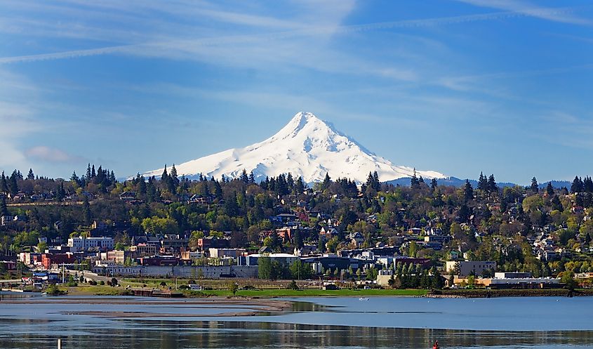 The cityscape of Hood River and Mount Hood in Oregon.