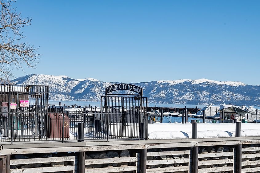 Tahoe City marina covered in snow in winter