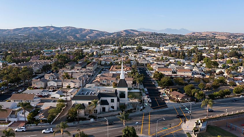 Sunset aerial view of the downtown urban core of Brea, California