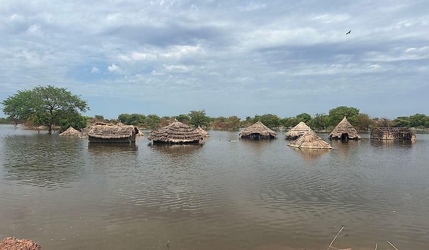 Flood affected deserted houses South Sudan