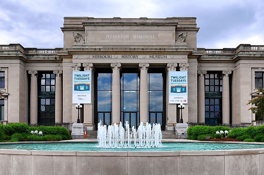 The Jefferson Memorial Building, built in 1913 with profits from the Louisiana Purchase Exposition, is the home of the Missouri History Museum.