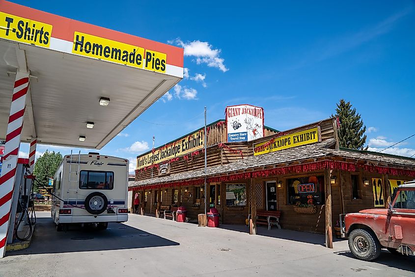 Exterior of the Country Store Travel Stop gas station, with the famous Worlds Largest Jackalope in Dubois, Wyoming.