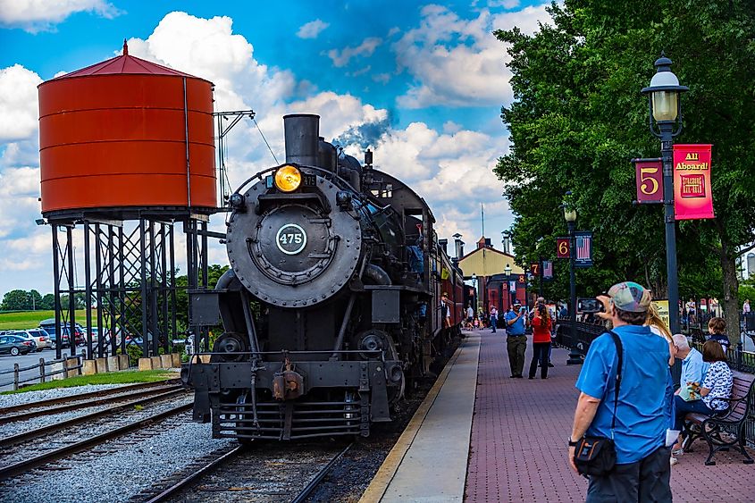 Strasburg, Pennsylvania: A steam locomotive returns to the station from a passenger excursion in rural Lancaster County.