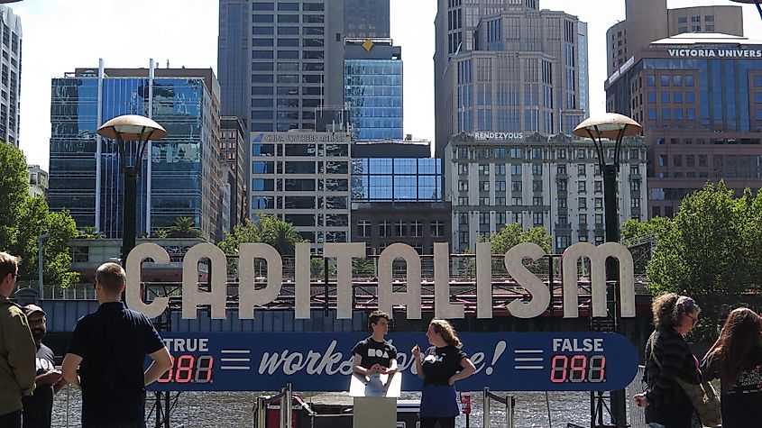Melbourne, Victoria, Australia 03/25/2018 Public performance poll on the street about capitalism 