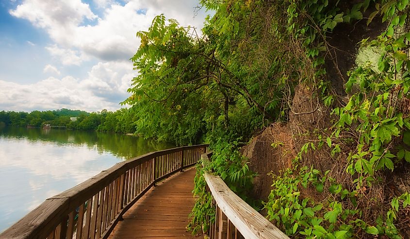 In Knoxville, Tennessee, Ijam Nature Park boardwalk built alongthe shoreline of the Tennessee River