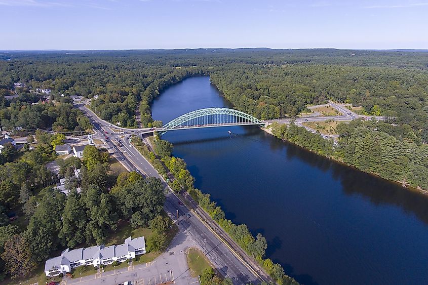 Aerial view of Merrimack River and Tyngsboro Bridge in downtown Tyngsborough, Massachusetts