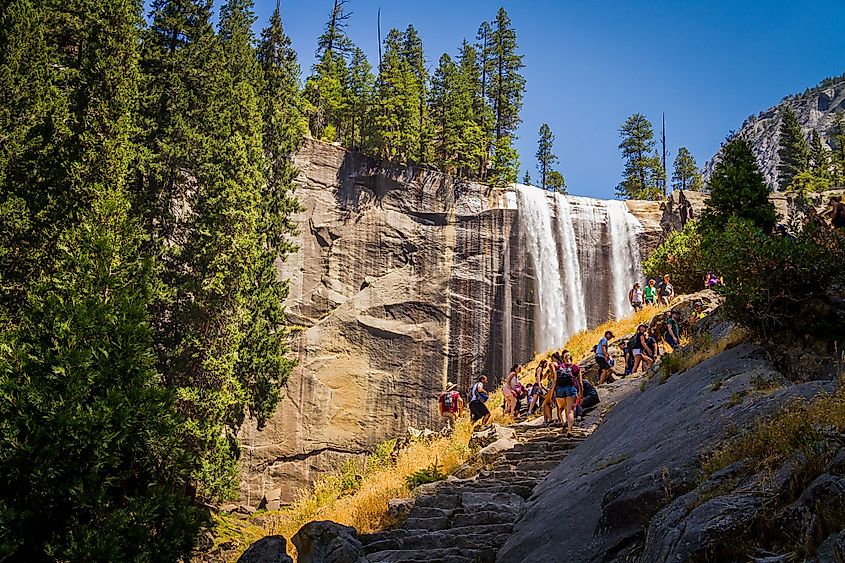 People climbing the stairs to Vernal Falls in Yosemite National Park, California