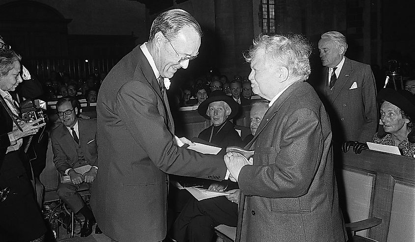 President Bernhard shaking the hand of the French philosopher Gabriel Marcel