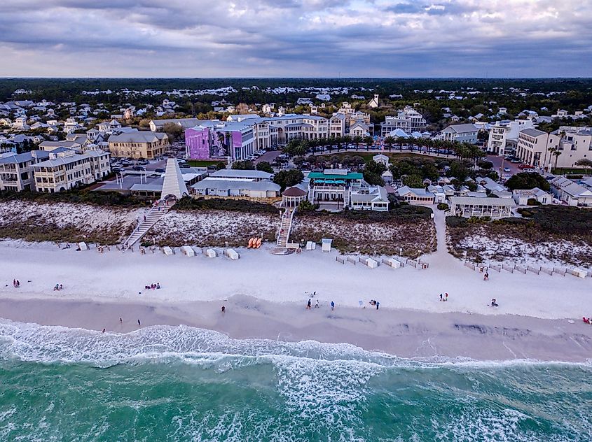 A late-afternoon aerial view of picturesque Seaside, Florida from the Gulf of Mexico.