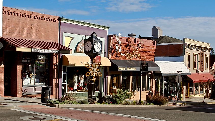 The Main Street lined with shops and cafes in Grass Valley, California