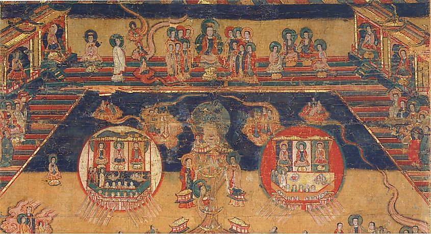 Triad of the Sun (red, Third Messenger, Mother of Life, Living Spirit), Moon (white, Light Maiden, Jesus, Primal Man), and a third divine figure (Column of Glory) between them. Referenced from Yoshida and Furukawa 2015, Plate 5.