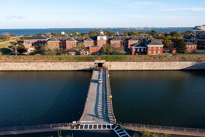 View of cars driving on a bridge leading to Fort Monroe in Hampton, Virginia