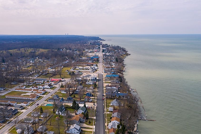 Aerial view of the coastal town of Geneva on the Lake, Ohio, along Lake Erie.