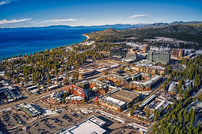 Aerial view of the gorgeous lake town of South Lake Tahoe, California.