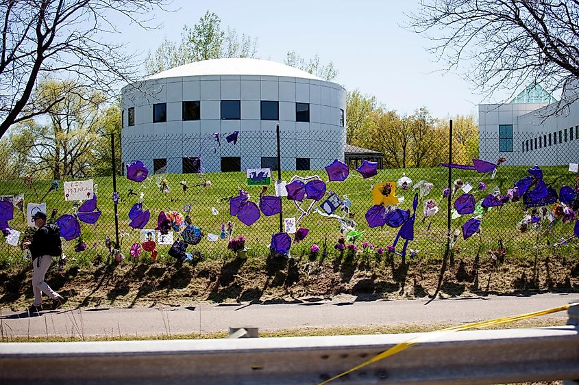 The modern Paisley Park Studios viewed from behind the Prince memorial fence.