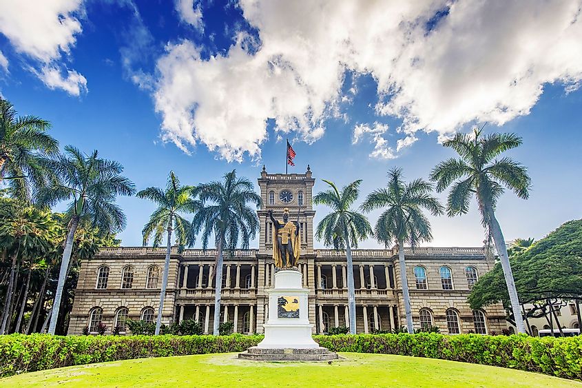 King Kamehameha statue across from Iolani Palace in historic downtown Honolulu. 