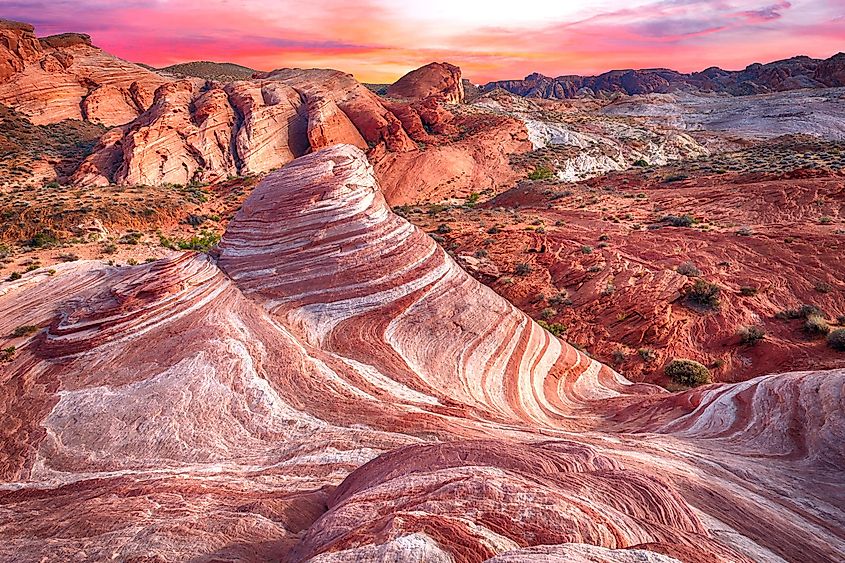 Amazing colors and shape of the Fire Wave rock in Valley of Fire State Park, Nevada, USA. 