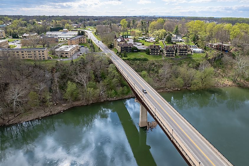Aerial view of the Shepherdstown Pike Bridge connecting Sharpsburg, Maryland, to Shepherdstown, West Virginia.