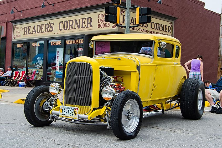 ROLLA, MISSOURI JUNE 6, 2015 Rolla Summerfest Car Show - Yellow hot rod restored for show.