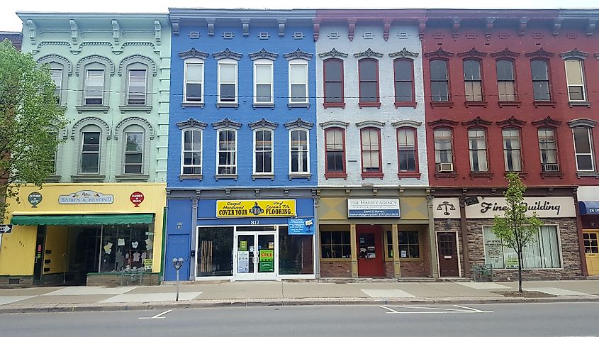 Colorful buildings in the Main Street of Honesdale, Pennsylvania.