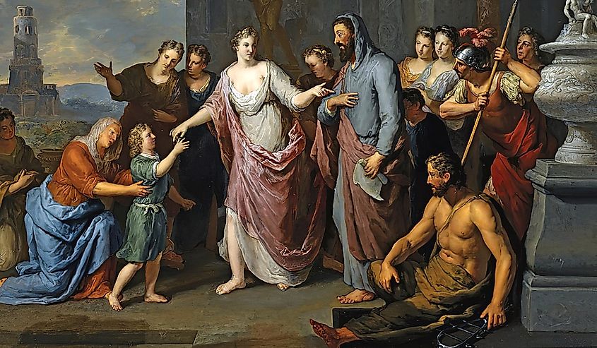 Olympias presenting the young Alexander the Great to Aristotle by Gerard Hoet before 1733
