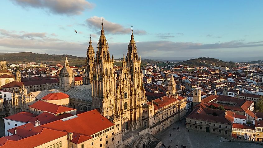Aerial view of famous Cathedral of Santiago de Compostela.