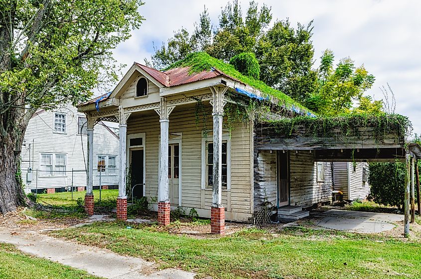 Historic metal-roofed cottages, some abandoned, in Donaldsonville, LA.