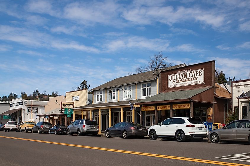 Street view of rustic buildings in the old town area of Julian, California.