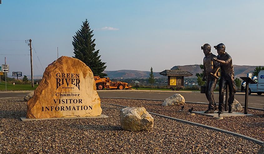Statue of two miners and Visitor Center sign, Green River, Wyoming. Image credit Victoria Ditkovsky via Shutterstock