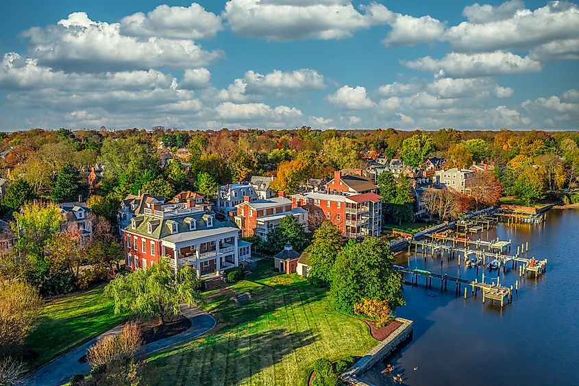 Aerial summer view of colonial Chestertown on the Chesapeake Bay in Maryland USA.