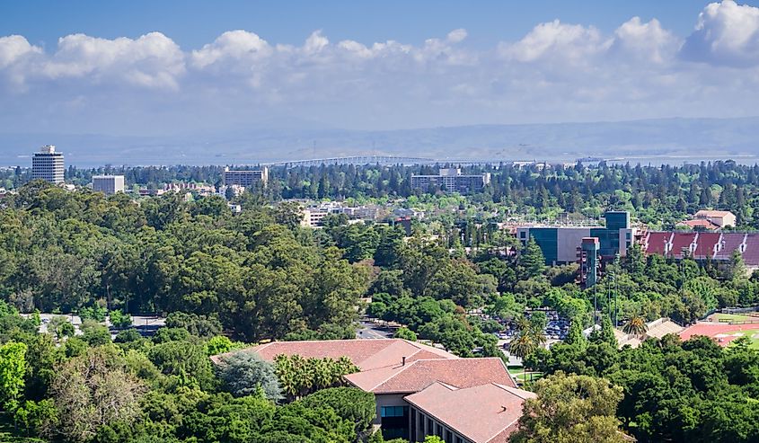 View towards Stanford campus, Palo Alto and Menlo Park, Dumbarton bridge and San Francisco bay