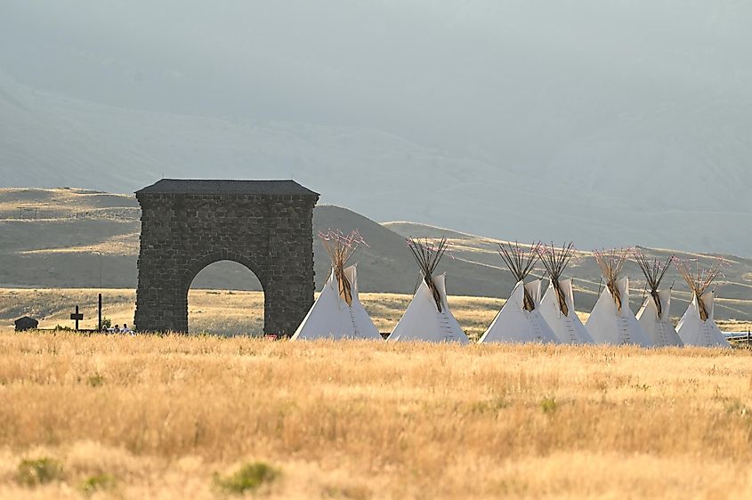 Teepees at Roosevelt Arch in Yellowstone National Park, a reminder of the former settlers of the region.