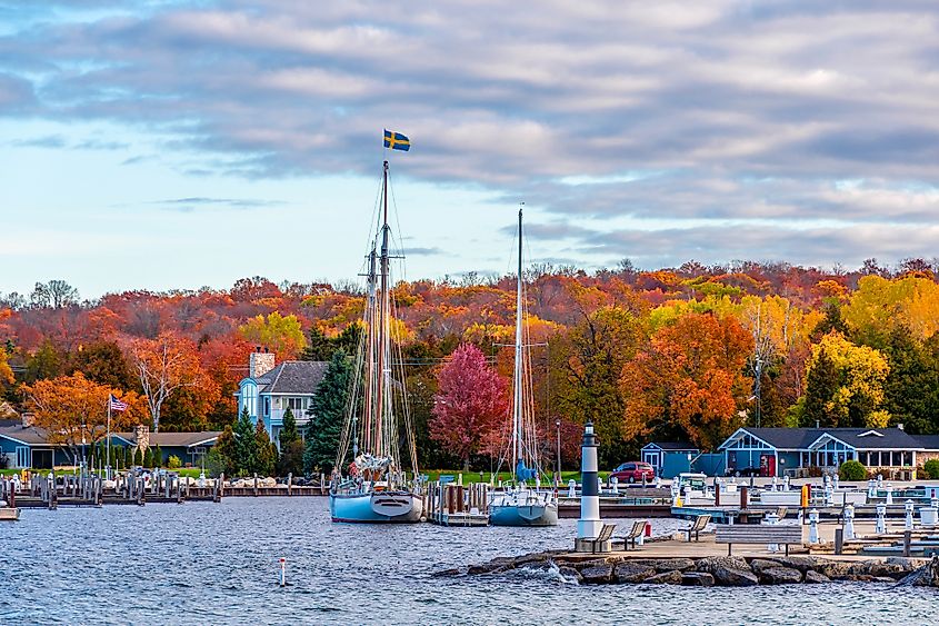 The harbor at Sister Bay, Wisconsin with fall colors.