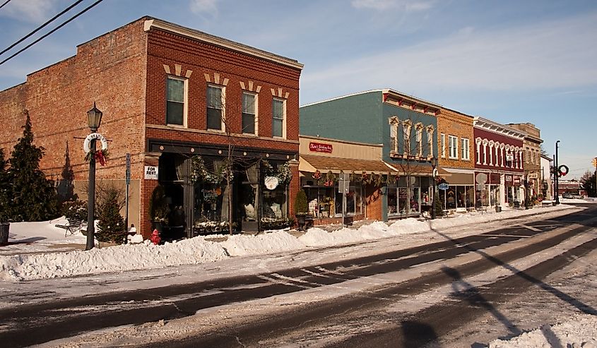 Businesses on Main St incldue Carolnn Marie Designs,and Clare's Stiutching Post, on a cold, winter day, Vermilion, Ohio.