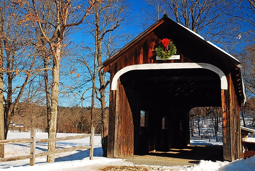Mr Williams Bridge, a historic covered bridge in Grafton, Vermont, is decorated for the Christmas season