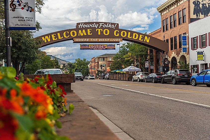Golden Colorado Main Street with an inscription. Editorial credit: Framalicious / Shutterstock.com