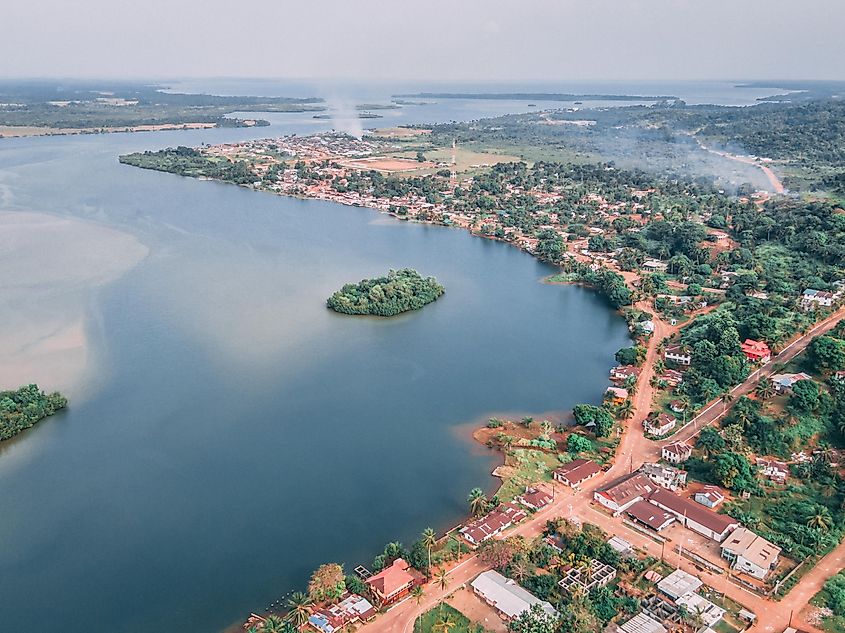 An aerial landscape view of the seaside in Robertsport, Liberia, West Africa. Image used under license from Shutterstock.com.