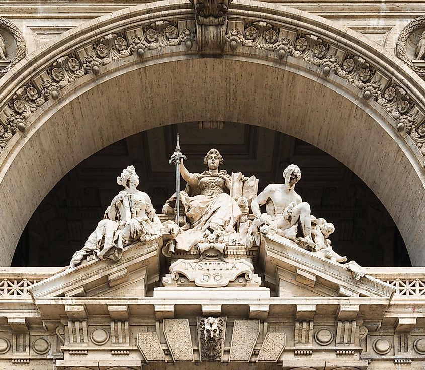 Lady Justice seated at the entrance of The Palace of Justice, Rome, Italy