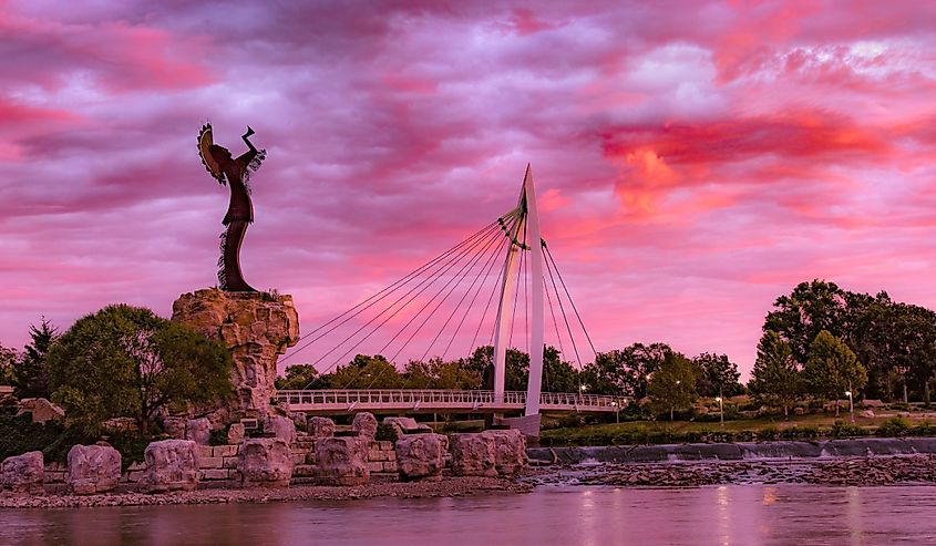 Keeper of the Plains Indian in Wichita, Kansas. A steel sculpture by Blackbear Bosin that stands at the fork of the Arkansas River.
