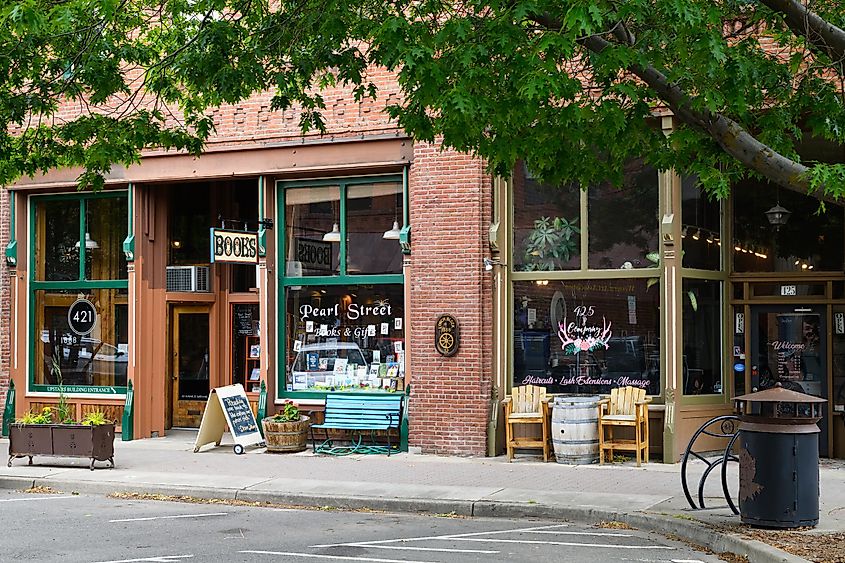 Businesses in the historic Lynch Block of downtown Ellensburg Washington with a bookshop and a full service salon.