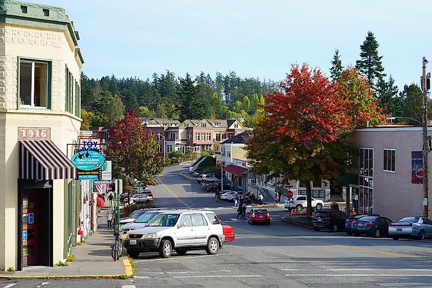View of downtown Friday Harbor, the main town in the San Juan Islands archipelago in Washington State.