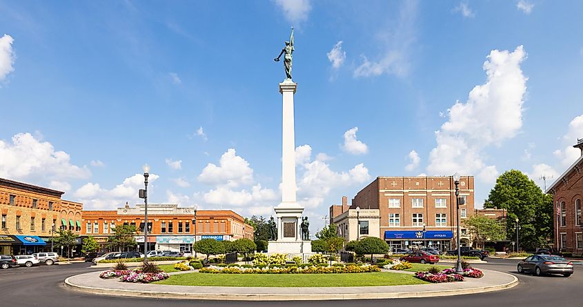 The Steuben County Soldiers Monument in downtown Angola, Indiana.