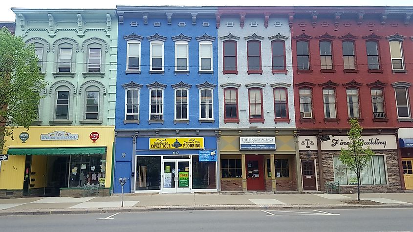 Colorful buildings on Main Street in Honesdale, Pennsylvania.