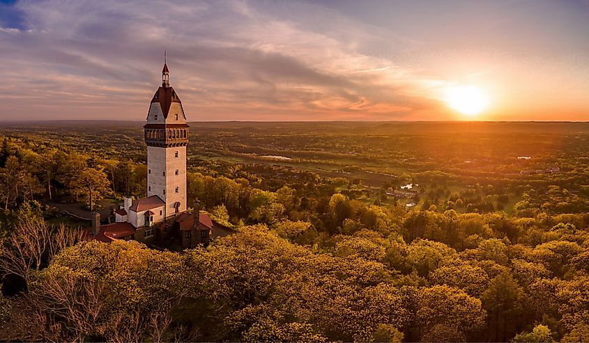 The beautiful tower sits on the Talcott Mountain State Park in Simsbury, Connecticut, United States.