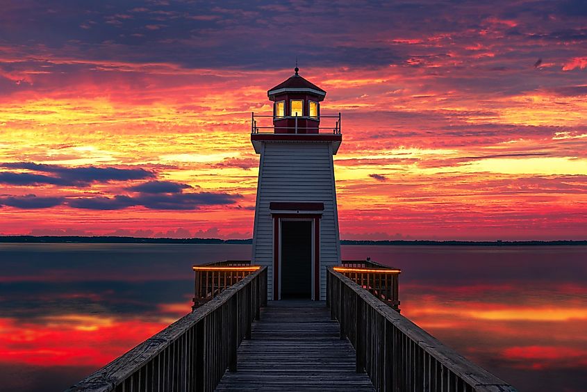 Scenic lighthouse against the calm lake and sunset sky, Grand Rivers, Kentucky.